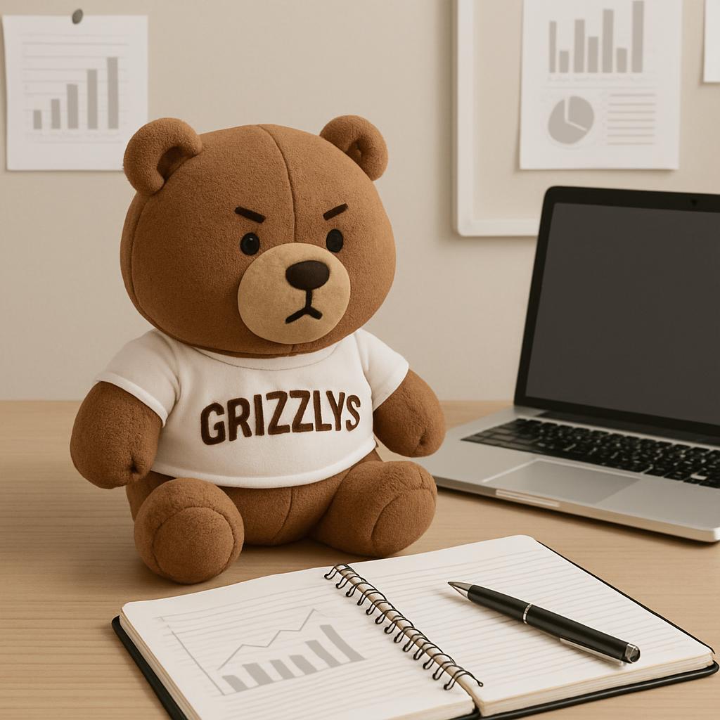A teddy bear sitting at a desk with a laptop and notebook, surrounded by charts.