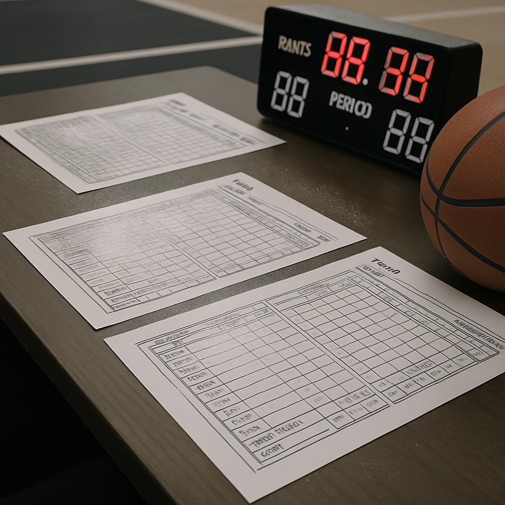 A basketball court with a ball in the corner and score-keeping sheets in the foreground, featuring a digital scoreboard di...