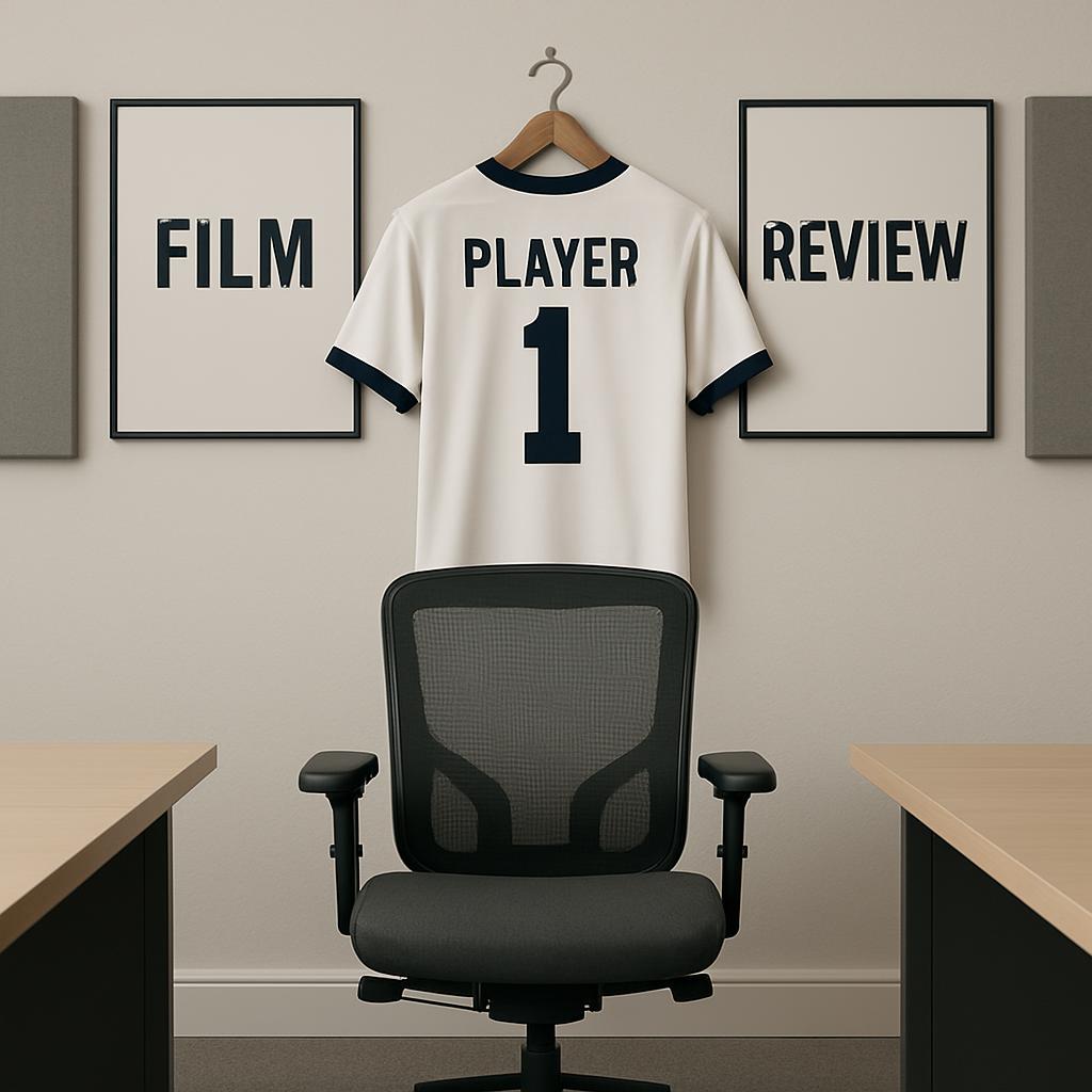 An office room with a chair, a desk, posters and a white t-shirt on the wall, which says PLAYER 1.